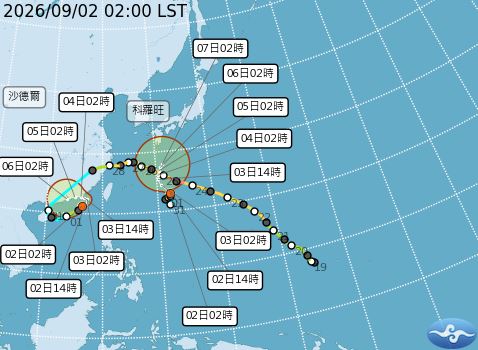 沙德爾、科羅旺颱風最新路徑潛勢預報。(圖/中央氣象署)