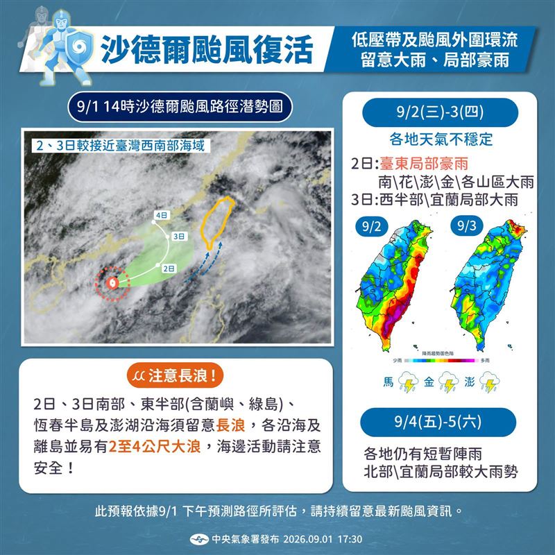 氣象署示警各地天氣不穩定,尤其是台東地區要小心局部豪雨。(圖/翻攝自「報天氣 - 中央氣象署」臉書)