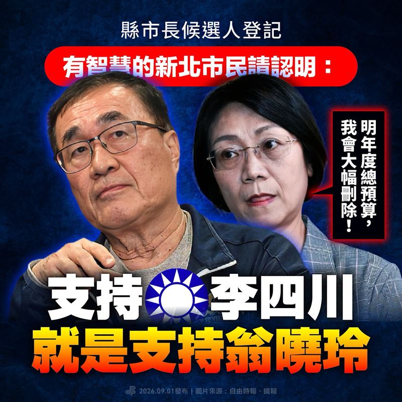 民進黨製作「支持蔣萬安,就是支持翁曉玲」、「支持李四川,就是支持翁曉玲」等18縣市圖卡,怒嗆國民黨縣市長候選人,要與翁曉玲一起負起政治責任。(圖/翻攝自民進黨臉書)