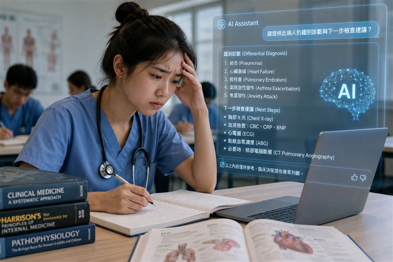 史丹佛大學醫學院學生Simar Bajaj與約翰霍普金斯醫學院創傷外科醫師Joseph Sakran近日警告,真正需要擔心的可能不只是醫師原有能力退化,而是年輕醫師在訓練階段就把推理交給AI,以致從未建立獨立判斷能力。(圖/AI示意圖)