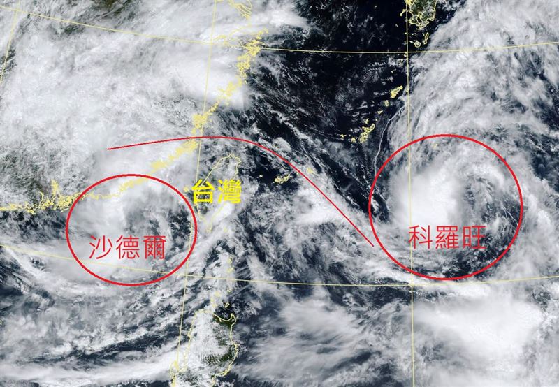 鄭明典分享,雙颱相互影響導致中間出現對角線雲帶。(圖/翻攝自鄭明典臉書)