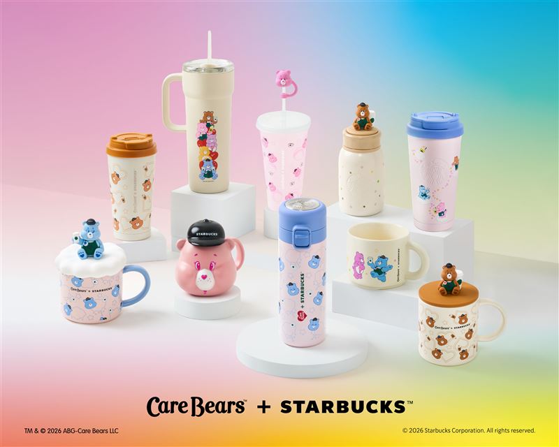 聯名將Care Bears的療癒色彩與星巴克品牌綠相互融合,延伸至馬克杯、冷水杯、不鏽鋼杯、托特包、吊飾及生活用品。(圖/品牌業者提供)