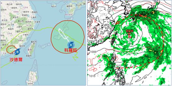 第18號輕颱沙德爾在東沙島北方海面、移速減慢、轉向西北西。第20號輕颱科羅旺,在琉球東南方海面向西北,將在琉球附近滯留打轉,再轉回東南。兩颱風路徑預測的不確定性皆很大(左)。6日20時模擬圖顯示,大低壓環流逐漸調整至臺灣東方海面,臺灣轉東北風(右)