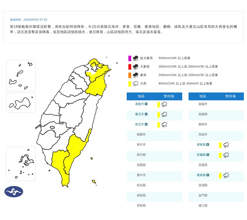 氣象署也在07:05發布大雨特報（圖／翻攝自氣象署官網）