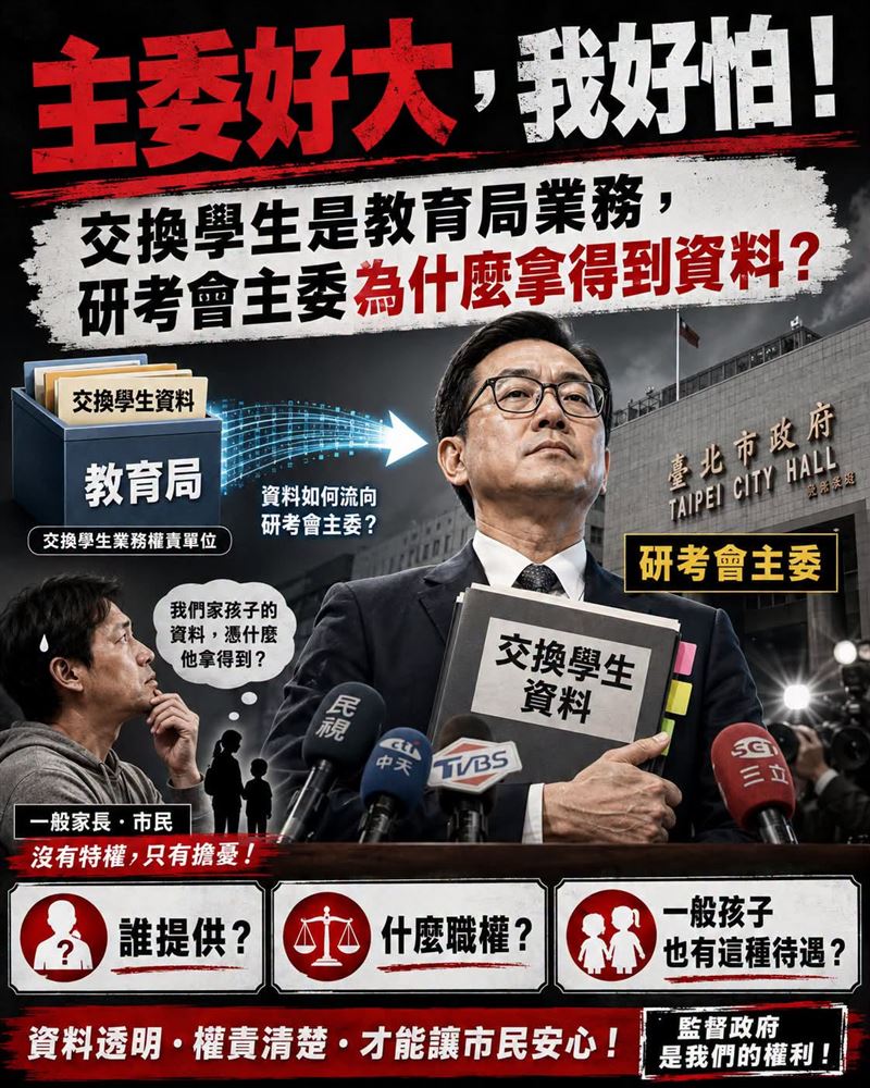 簡舒培今（3）天直呼，「主委好大，我好怕！交換學生是教育局業務，研考會主委為什麼拿得到資料？」（圖／翻攝自簡舒培臉書）