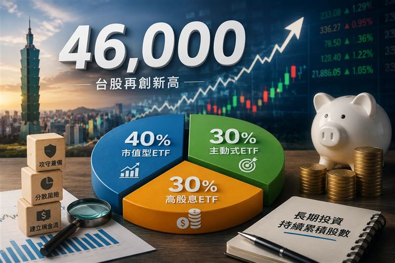 台股高檔震盪,投資達人杉本來了提出ETF「433配置法」,透過不同類型ETF分散投資風險。(圖/AI生成)
