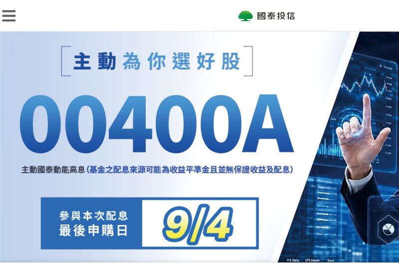 國泰動能高息（00400A）今（3）日股價一度衝上15.3元，除息行情進入最後倒數。00400A本次每股配發0.12元，最後買進日落在9月4日，發放日為10月5日。該檔主動型ETF本期配息組成全數來自資本利得，今年累計配息已達0.36元。（圖／翻攝自國泰投信 官網）