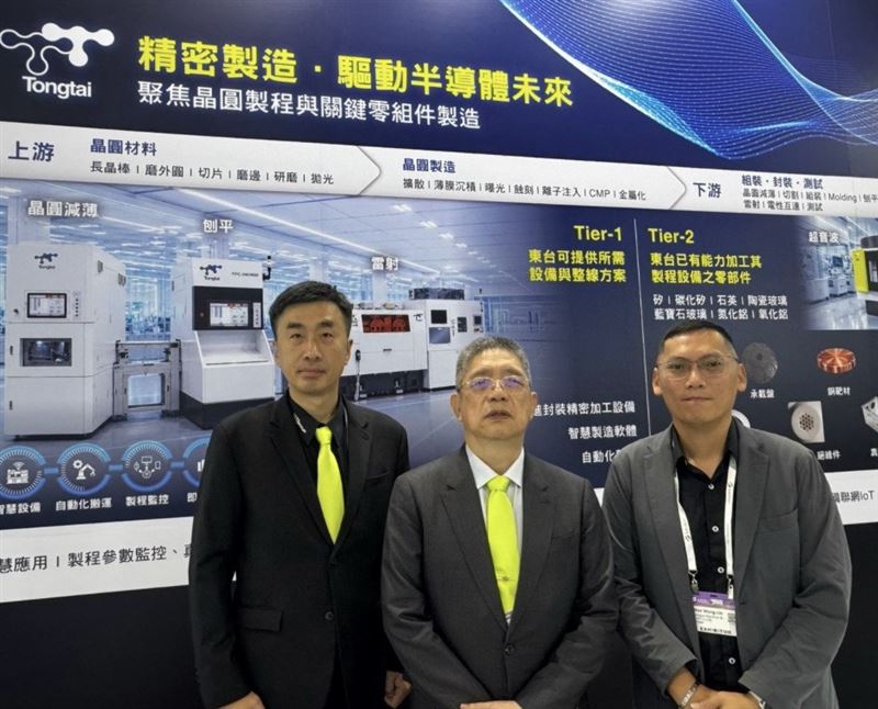 東台精機首度整合電子設備與工具機雙事業部參展SEMICON Taiwan 2026,董事長嚴瑞雄(中)、電子設備事業處協理黃彥超(左)與營業技術經理林文旺(右)於展會現場,宣示東台以雙事業部整合能量全面對接半導體產業需求。(圖/東台提供)