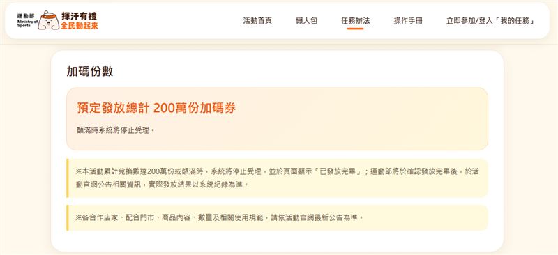 「揮汗有禮」活動加碼券限量200萬份。(圖/翻攝自官網)