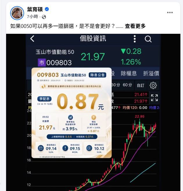 財經專家葉育碩分享:想買0050元大台灣50,又希望避開大型市值公司中仍處於虧損狀態的個股,該怎麼選?(圖/翻攝自葉育碩臉書)