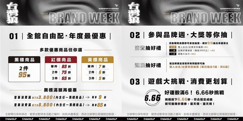 TAIWOLF台灣狼品牌週檔期優惠。 （圖／TAIWOLF台灣狼提供）