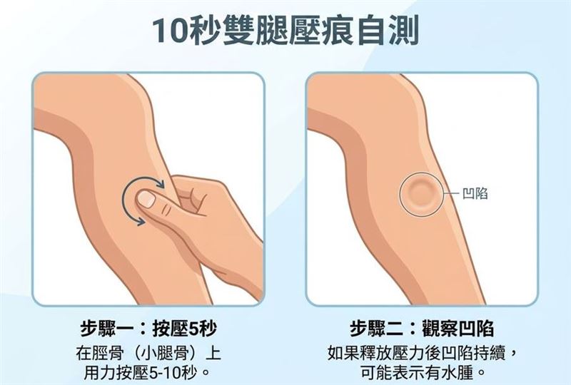 10秒自測腳水腫,按壓小腿看看有沒有凹陷。(示意圖/AI生成)