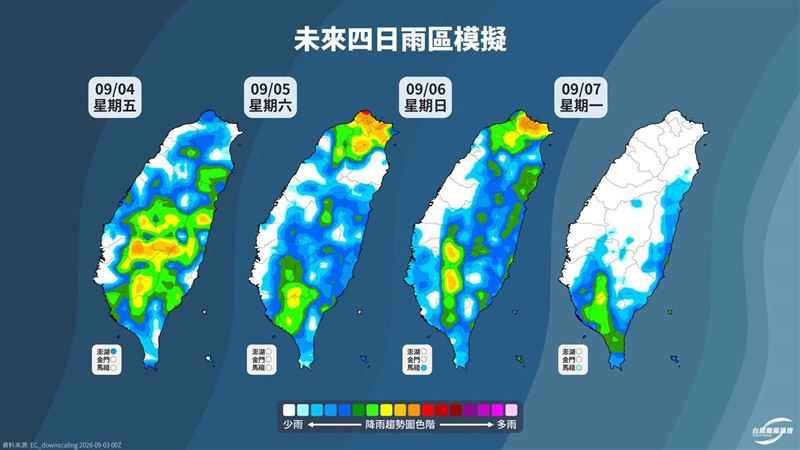 粉專表示,受到「雙颱包夾」影響,預計未來3天,各地仍然多雨。(圖/翻攝自台灣颱風論壇|天氣特急臉書)