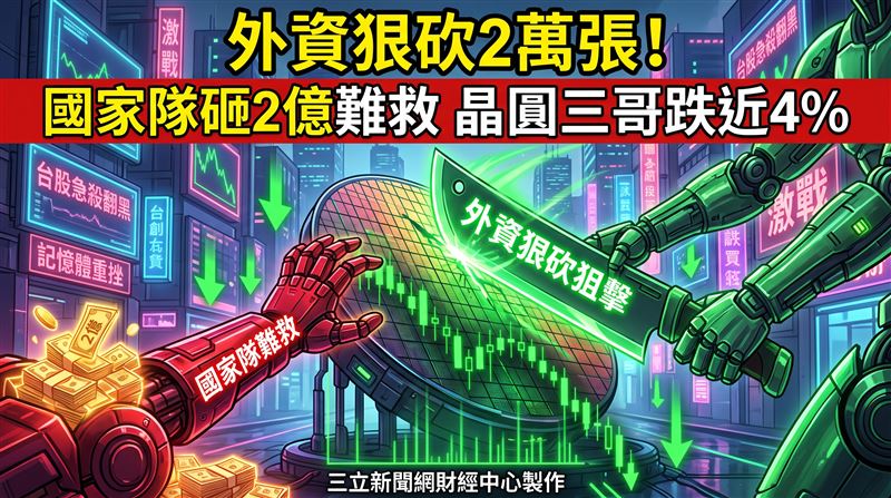 受日韓股市跳水拖累，台股3日尾盤急殺大跌307點，其中晶圓三哥力積電（6770）遭外資重砍1萬8954張，雖然國家隊出動近2億買盤救場，南亞科股價仍慘跌3.69%，收最低點附近的67.8元。（圖／三立新聞網財經中心莊佳芳AI製圖）