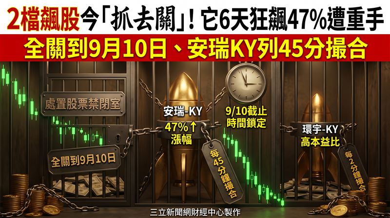 台股熱門股再遭「關禁閉」!櫃買中心昨(3)日公布新增2檔處置股,安瑞-KY(3664)、環宇-KY(4991)雙雙入列,自今(4)日起至9月10日共5個營業日,其中安瑞-KY因近6個營業日累計漲幅達47.46%,處置期間每45分鐘撮合一次,短線交易難度明顯升高。(圖/三立新聞網財經中心莊佳芳AI製圖)