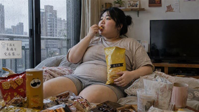 連日下雨活動量下降,還可能讓人嘴饞、外送增加,熱量攝取超標恐變胖!營養師廖欣儀教4招,雨天也能維持體態。(圖/AI製圖)
