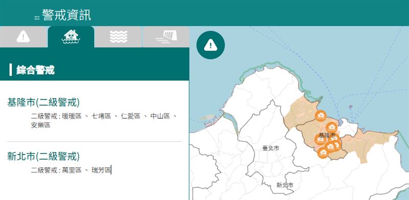 「基隆市、新北市」發布二級淹水警戒。(圖/翻攝自經濟部水利署)