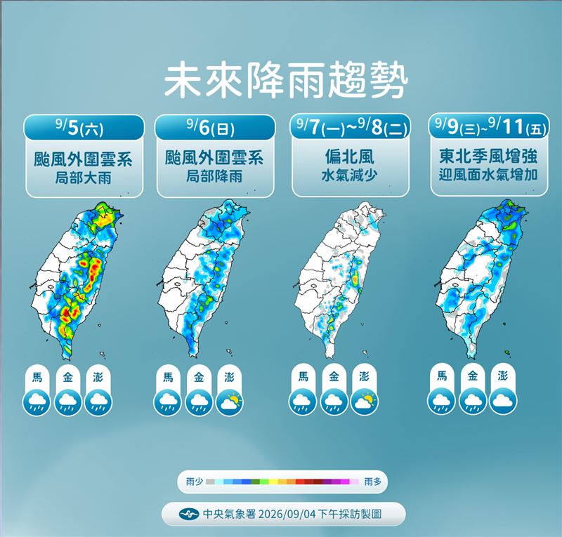 北台灣被豪雨狂炸,預計週日至下週二水氣才會減少。(圖/氣象署)