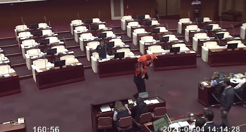 民進黨台北市議員林世宗搬出一隻巨型龍蝦送蔣萬安開嗆,議員意見聽不見、市民心聲看不見,「又聾又瞎」(圖/翻攝畫面)