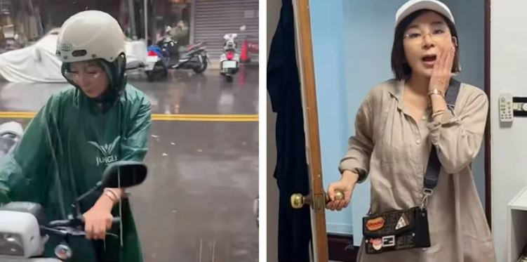 王彩樺不畏大雨騎機車出門,只為趕在晚間錄影前完成美甲。(圖/翻攝自臉書,王彩樺-台灣濱崎步,下同)