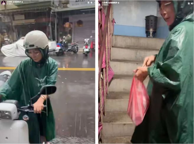 王彩樺穿著綠色輕便雨衣、白色拖鞋冒雨騎車,超接地氣模樣引發討論