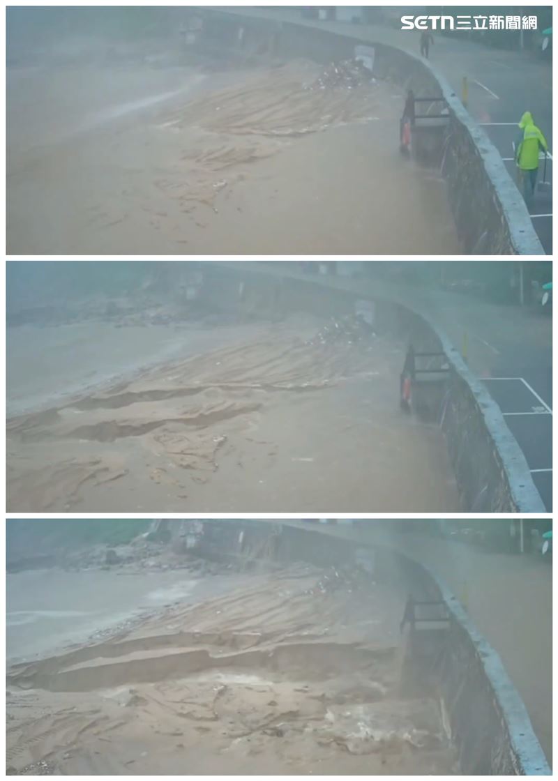雨彈狂炸基隆!大武崙沙灘慘變「大峽谷」,縮時畫面曝驚悚瞬間。(圖/基隆市府產發處提供)