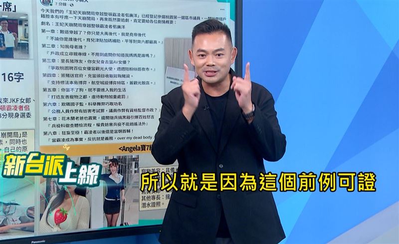 Angela寶7將姓名改為「王妃天崩開局穿越整頓霸凌者佀廣洋」參選,執業律師陳君瑋表示,候選人若合法使用自己的姓名進行選舉宣傳,就可能讓這串長達16字的名字出現在各種選舉資訊與宣傳場合。(圖/翻攝自《新台派上線》)