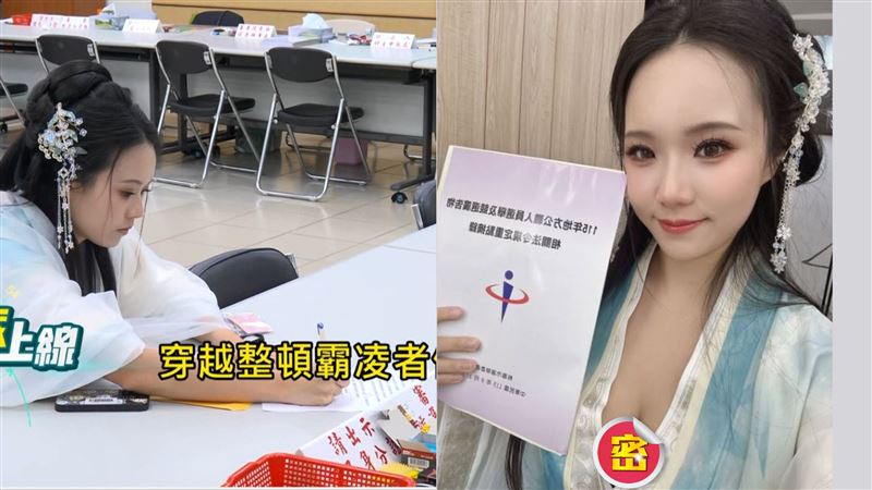 面對捲入霸凌爭議的佀廣洋決定登記參選,網路知名名人「小商人」找來前JKF女郎Angela寶7扮成仙氣滿滿的古典王妃,現身選委會完成登記。(圖/翻攝自Gtokevin 小商人臉書、《新台派上線》)