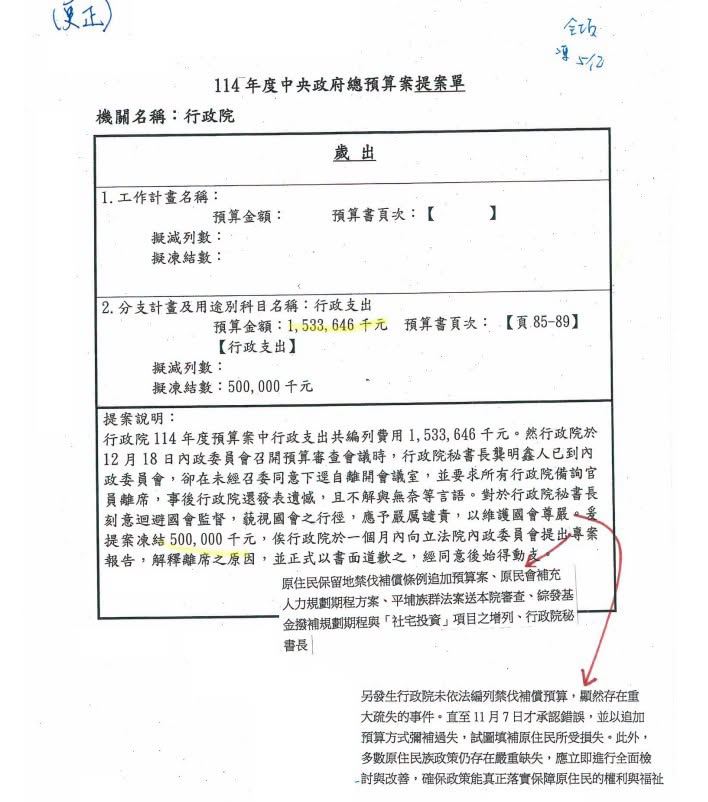 林俊憲翻出去年總統公布的總預算,找到國民黨這張提案單。(圖/翻攝自林俊憲臉書)