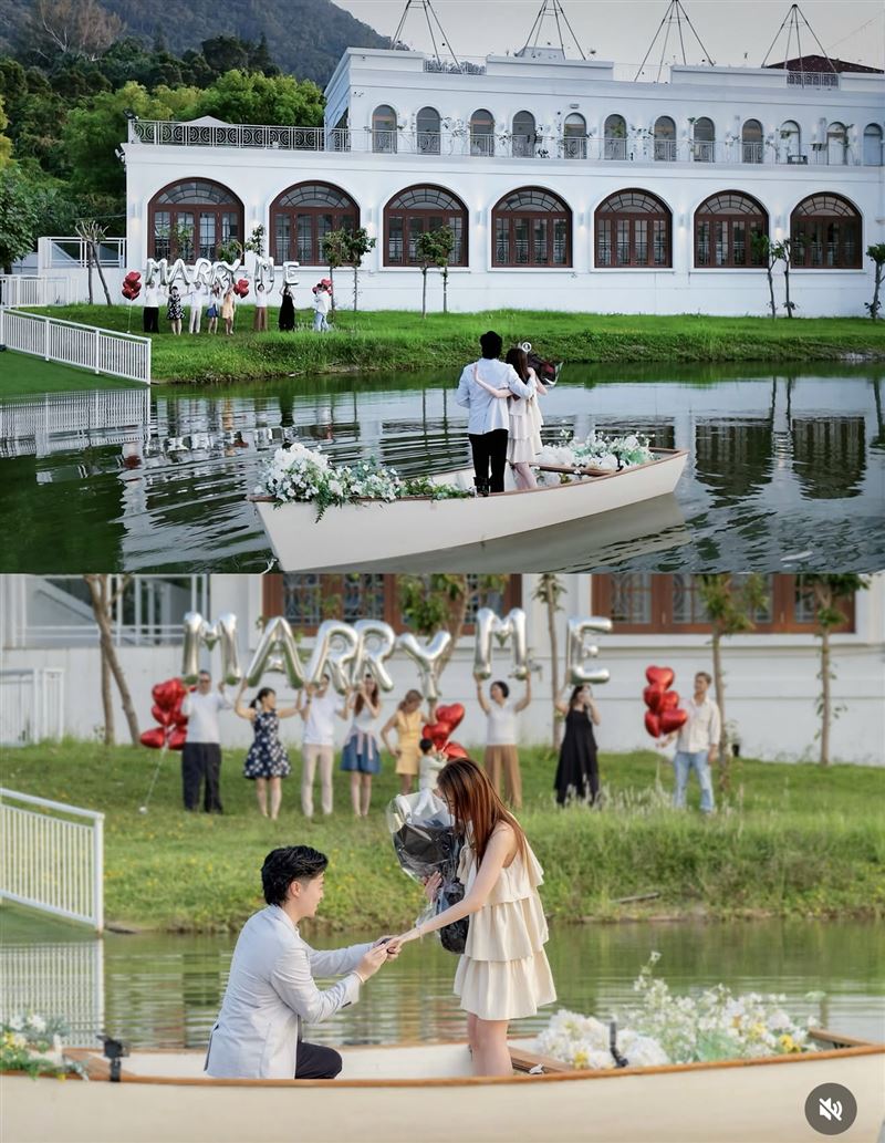 張子丰選在湖畔小船上,單膝下跪向王菲求婚。(圖/翻攝自IG)