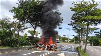 新／台中烏日自撞分隔島！火燒車3人送醫