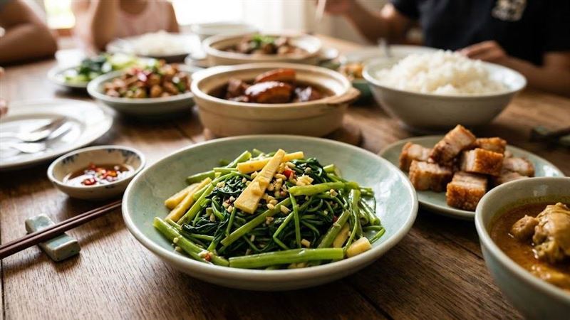李婉萍建議,前一天不小心吃太油,隔天可以多補充高纖維蔬菜,如空心菜與竹筍。(示意圖/AI製圖)