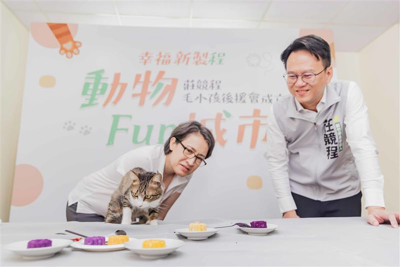 副總統蕭美琴今（6）日與民進黨新竹市長候選人莊競程合體手作毛小孩月餅。（圖／民進黨提供）