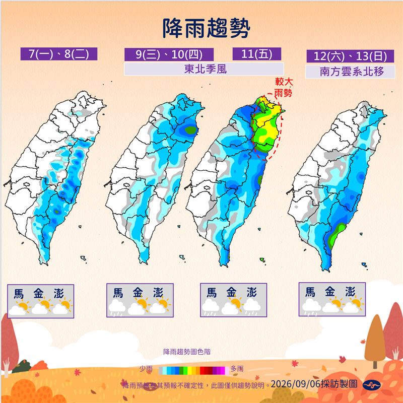 週三將迎首波東北季風南下。(圖/氣象署)