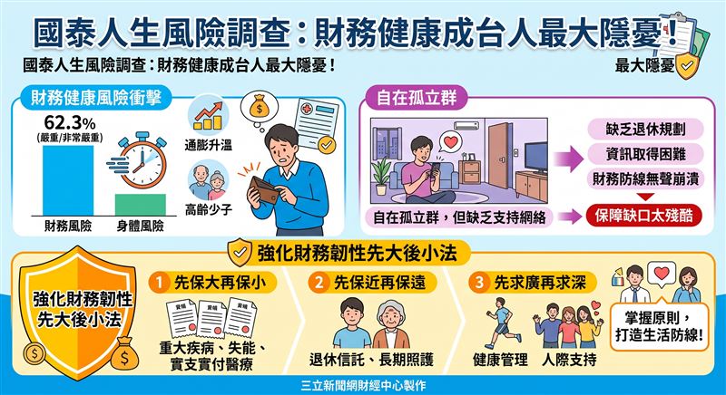 國泰人壽發布人生風險白皮書,受高齡與通膨衝擊,62.3%民眾認財務風險衝擊嚴重,首度超越身體健康成最大隱憂。調查首納主客觀孤獨指標,點出「自在孤立群」易因缺乏支持網絡產生保障缺口。專家建議掌握先大後小原則,強化財務與醫療韌性。(AI製圖)