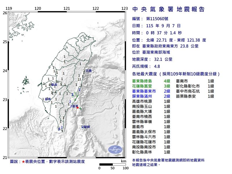 氣象署發布地震資訊。(圖/中央氣象署)
