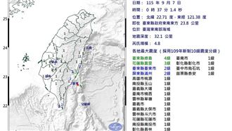 新／台東00：37規模4.8地震！11縣市有感