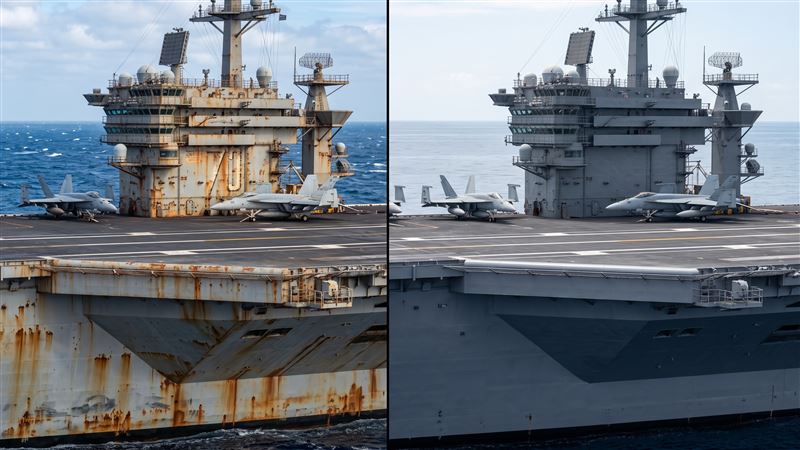 美國海軍航空母艦林肯號靠港整修前後,外觀對比超驚人。(示意圖/AI生成)