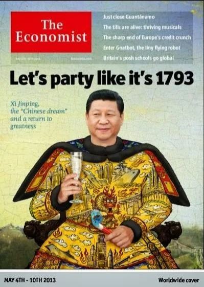 經濟學人曾在2013年製作週刊封面,諷刺中共國家主席習近平著龍袍、持香檳開Party。(圖/擷取自經濟學人)