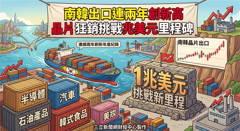 南韓半導體出口額較去年同期成長169.6%，達2810億美元，占出口總額的41%。汽車與石油產品則分別位居出口第二、三名。（圖／三立新聞網財經中心莊佳芳AI製圖）
