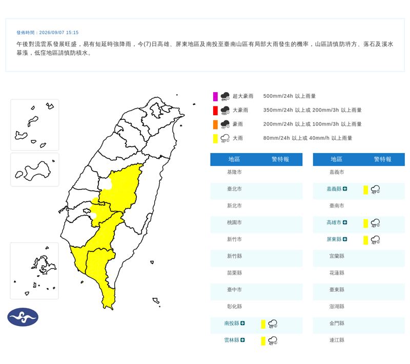 中央氣象署在今(7)天15:15發布大雨特報。(圖/翻攝自氣象署官網)