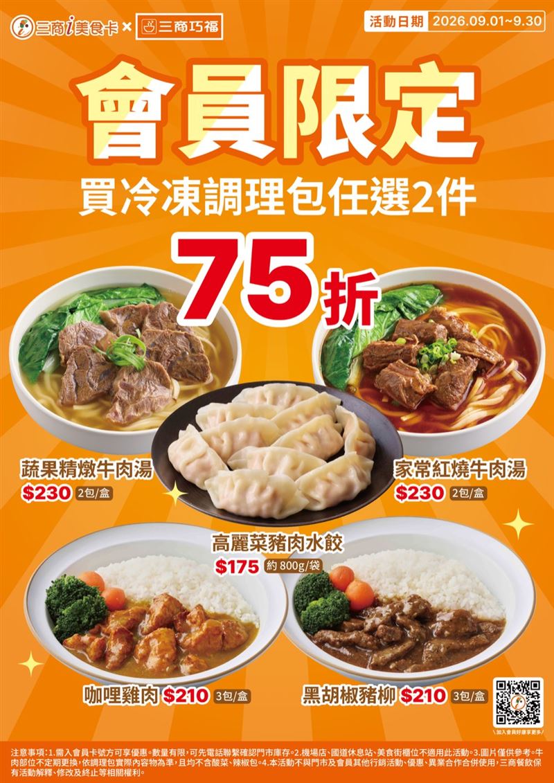 三商巧福會員即日起至9月30日購買冷凍調理包享2件任選75折,從水餃、湯品到下飯料理皆可自由搭配。(圖/品牌業者提供)