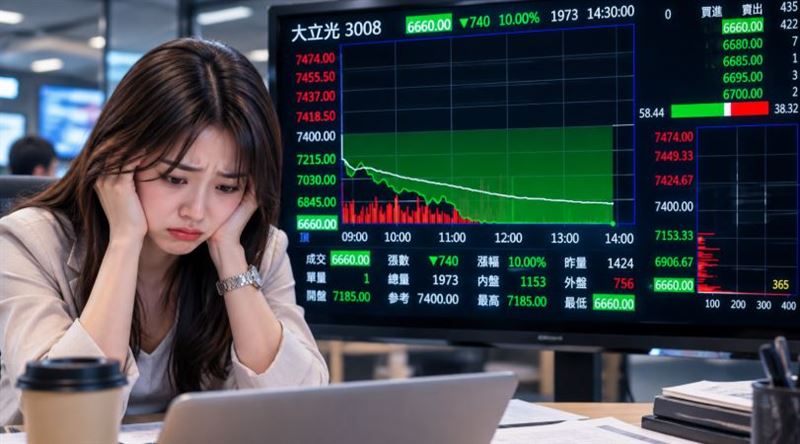 台股今(7)日大漲775.14點,但光學股王大立光(3008)卻上演完全不同的劇情,股價終場重挫740元,慘遭打入跌停,讓許多投人感到錯愕。(示意圖/AI生成)