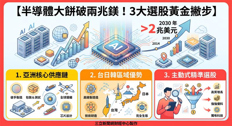 AI推動全球半導體迎來新黃金十年,SEMI預估2030年市場將突破2兆美元。安聯投信推出「00412A安聯亞洲半導體主動式ETF」,聚焦亞洲核心供應鏈長線契機。(AI製圖)