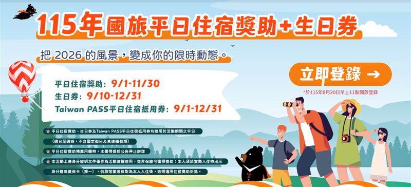 國旅補助「生日券」1200元住宿金登記將於今(8)日下午5時截止,總共1萬2000個中獎名額。(圖/翻攝自國旅補助官網)