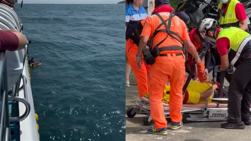 宜蘭頭城烏石港外海7日上午發生驚險落海意外,一名搭乘賞鯨船的遊客在船行期間,突然脫下救生衣墜海,嚇壞現場眾人。(圖/翻攝自Threads @penpenyuan授權提供,未經同意請勿轉載)