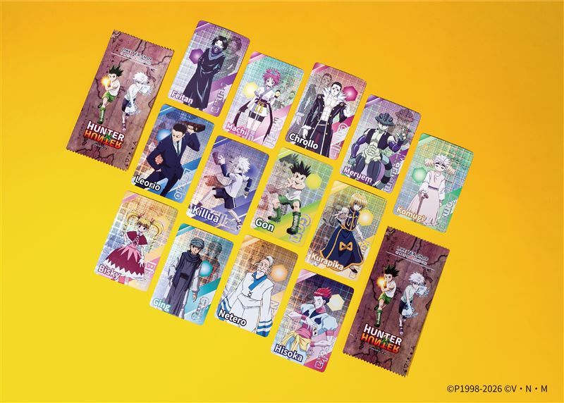 全套13款《獵人HUNTER&times;HUNTER》角色聯名閃卡，單筆消費滿額即可免費獲得。（圖／老賴茶棧提供）
