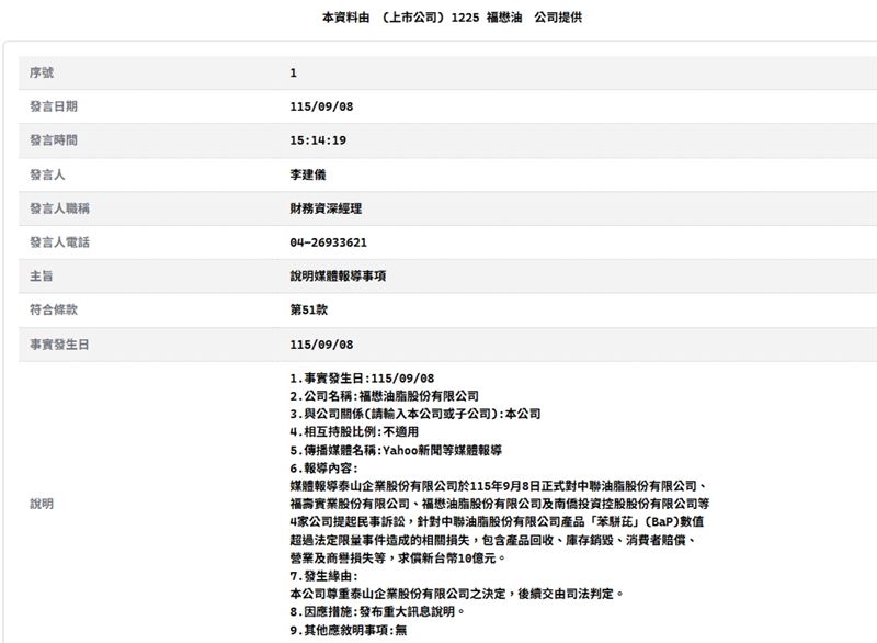 泰山企業今（8）日正式對中聯油脂、福壽實業、福懋油脂及南僑投資控股等4家公司提起民事訴訟，求償新台幣10億元。福懋油脂發布重大訊息回應，表示尊重泰山企業提告之決定，後續將交由司法機關判定，全案仍待法院審理釐清。（圖／翻攝自重大訊息觀測站）