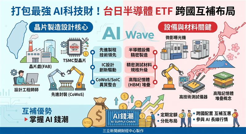 費半指數強彈帶動亞股全面回神，台積電與聯發科領軍台股走揚，日本半導體設備族群同步勁揚，投資人可透過台日半導體ETF布局AI供應鏈商機。（AI製圖）