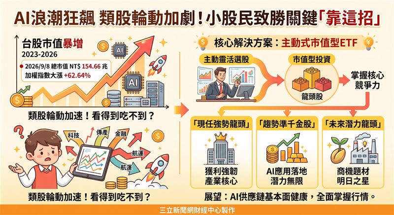 自2023年AI元年以來台股市值大增，2026年總市值逼近155兆元。面對高檔震盪與輪動加速，主動式市值ETF透過靈活選股助投資人掌握AI核心商機。（AI製圖）